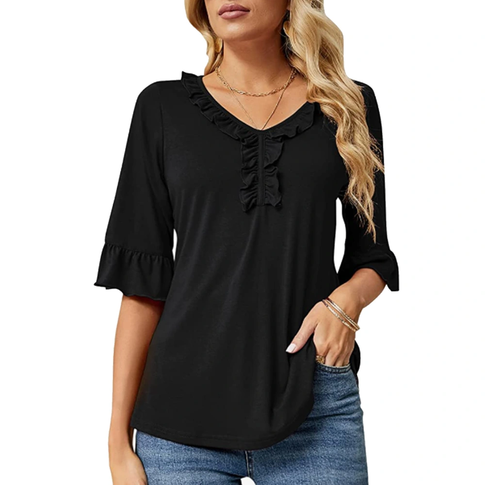 Women Ruffle Trim Half Sleeve Top V Neck Casual Loose Fit Elegant Dressy Summer T Shirt Black XXL