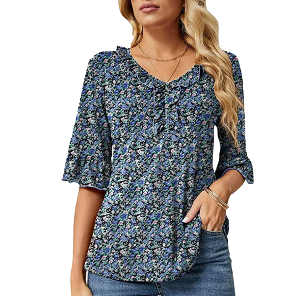 Women Ruffle Trim Half Sleeve Top V Neck Casual Loose Fit Elegant Dressy Summer T Shirt Blue Floral Print XXL