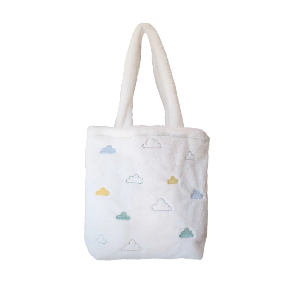 Plush Cute Cloud Embroidered Shoulder Bag Women Student Casual Elegant Large Capacity Canvas Bag White Free Size