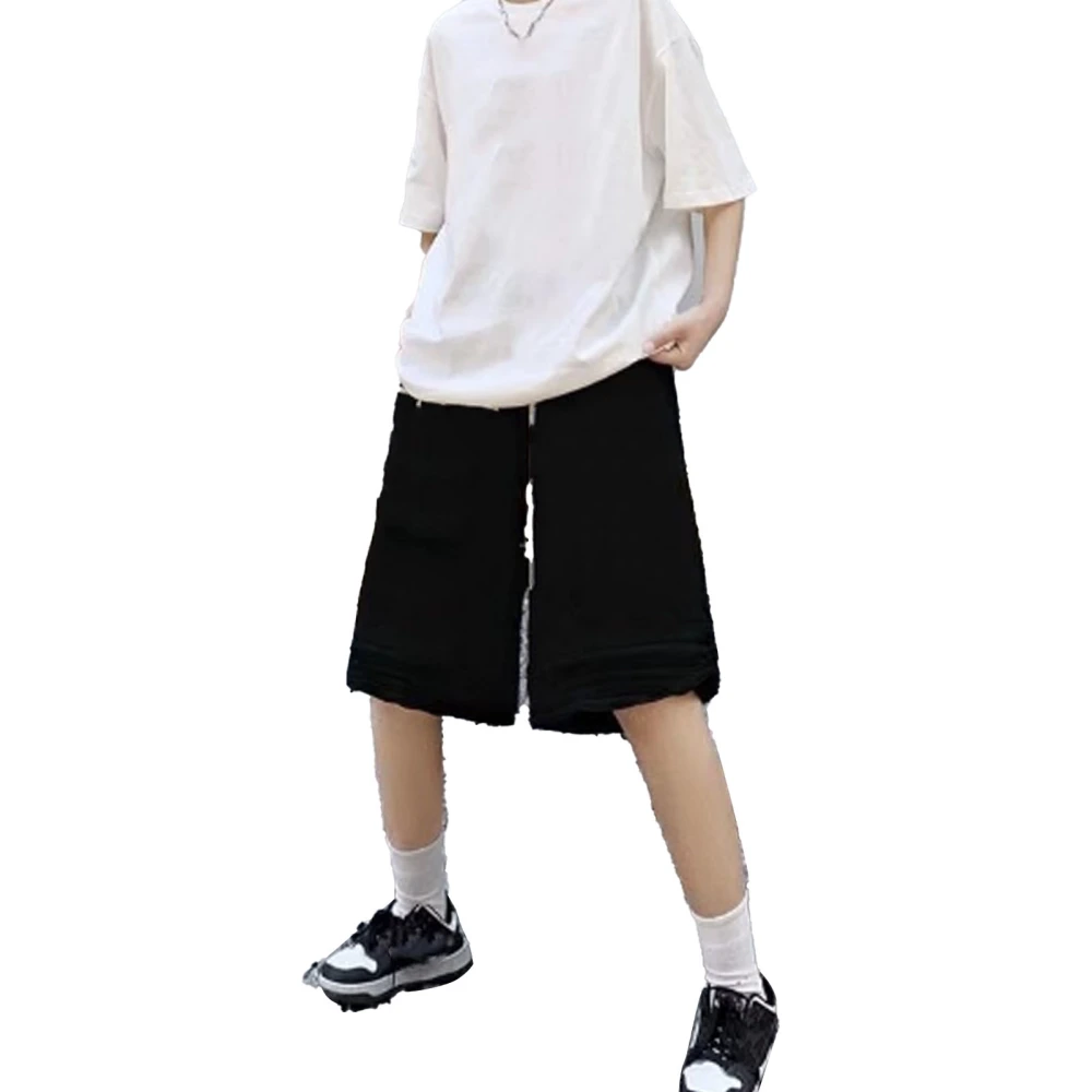 Sports Shorts Vintage Print Drawstring Closure Knee Length Breathable Loose Summer Casual Shorts Black L