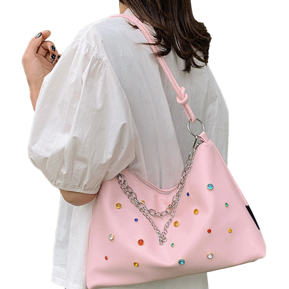 Shoulder Bag Women Single PU Leather Handbag Fashion with Multi Color Decal Stone for Summer Pink Free Size