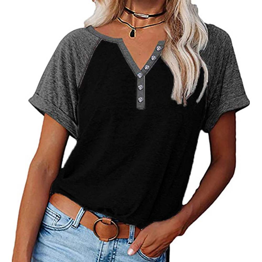 Women T Shirt V Neck Short Sleeves Blouse Loose Fit Casual Button Decor for Summer Office Black XL