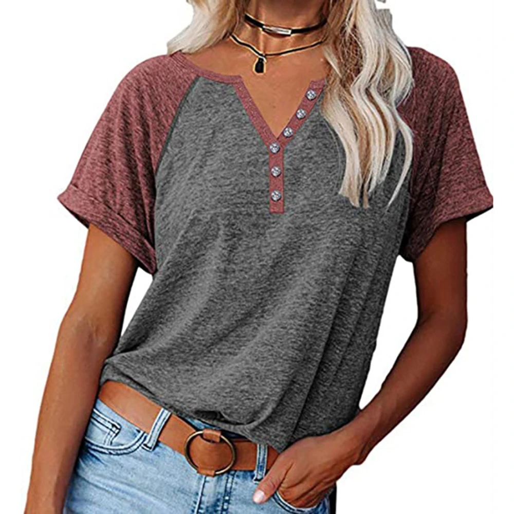 Women T Shirt V Neck Short Sleeves Blouse Loose Fit Casual Button Decor for Summer Office Dark Gray L