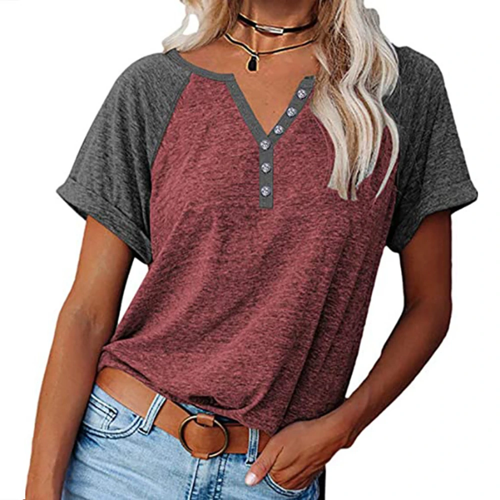 Women T Shirt V Neck Short Sleeves Blouse Loose Fit Casual Button Decor for Summer Office Wine Red XXL