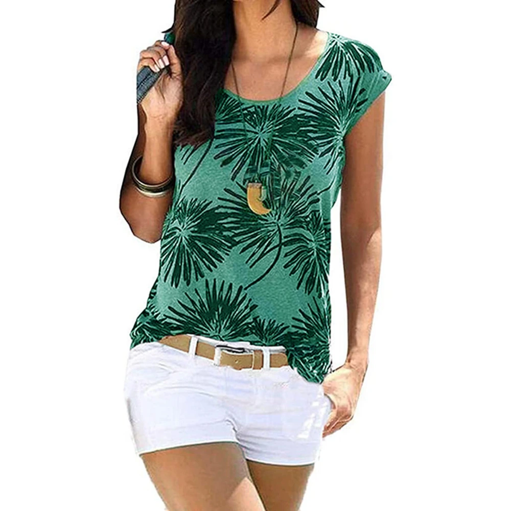 Women Short Sleeve Shirt Round Neck Top Leaf Printed Shirt Summer Loose Casual Top Green L