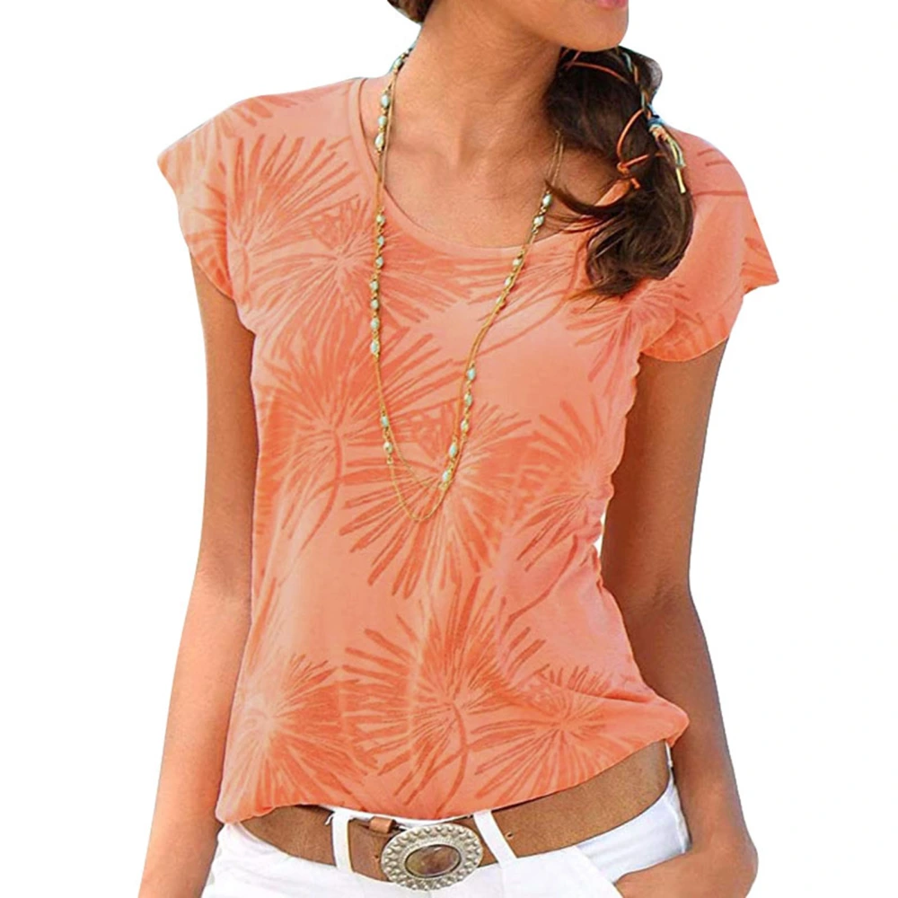 Women Short Sleeve Shirt Round Neck Top Leaf Printed Shirt Summer Loose Casual Top Orange M