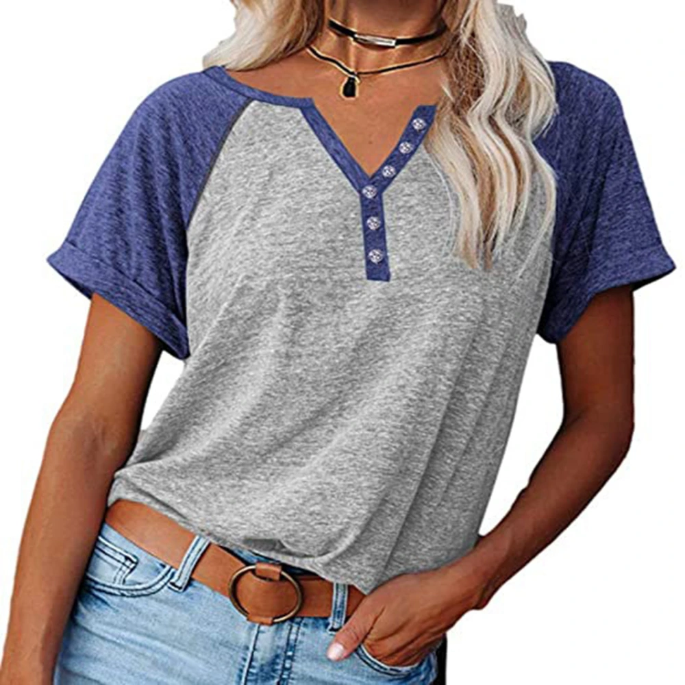 Women T Shirt V Neck Short Sleeves Blouse Loose Fit Casual Button Decor for Summer Office Light Gray XL