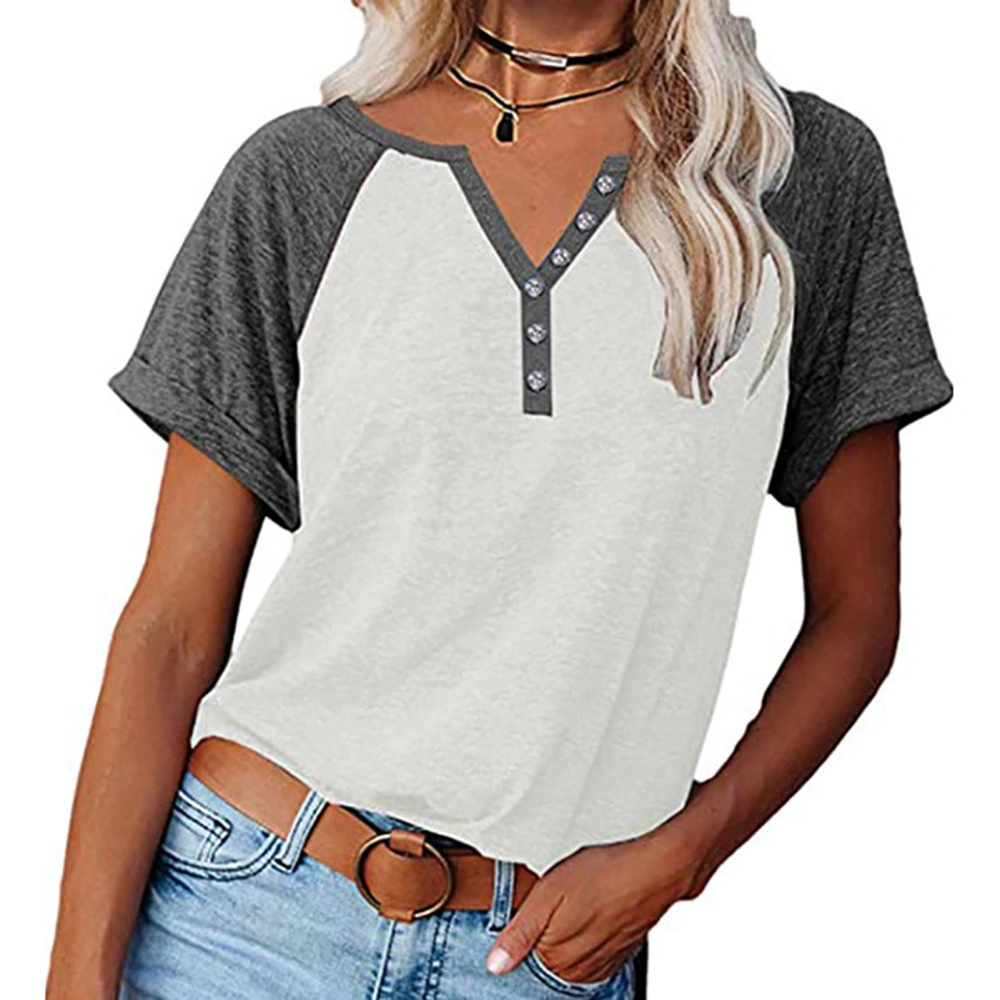 Women T Shirt V Neck Short Sleeves Blouse Loose Fit Casual Button Decor for Summer Office White XL