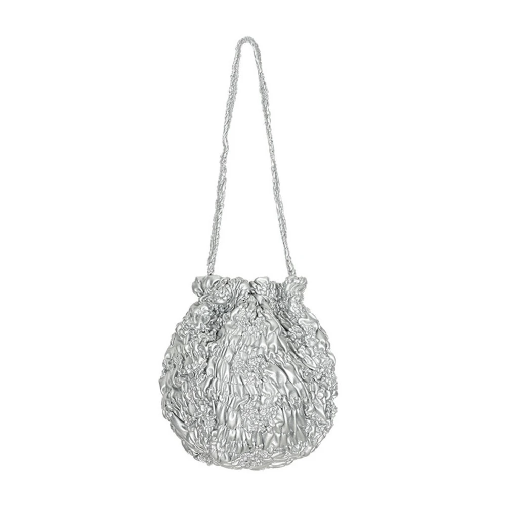 Women Bucket Bag PU Casual Sliver Elegant Soft Drawstring Fashionable Pleated Lady Shoulder Bag Silver Free Size