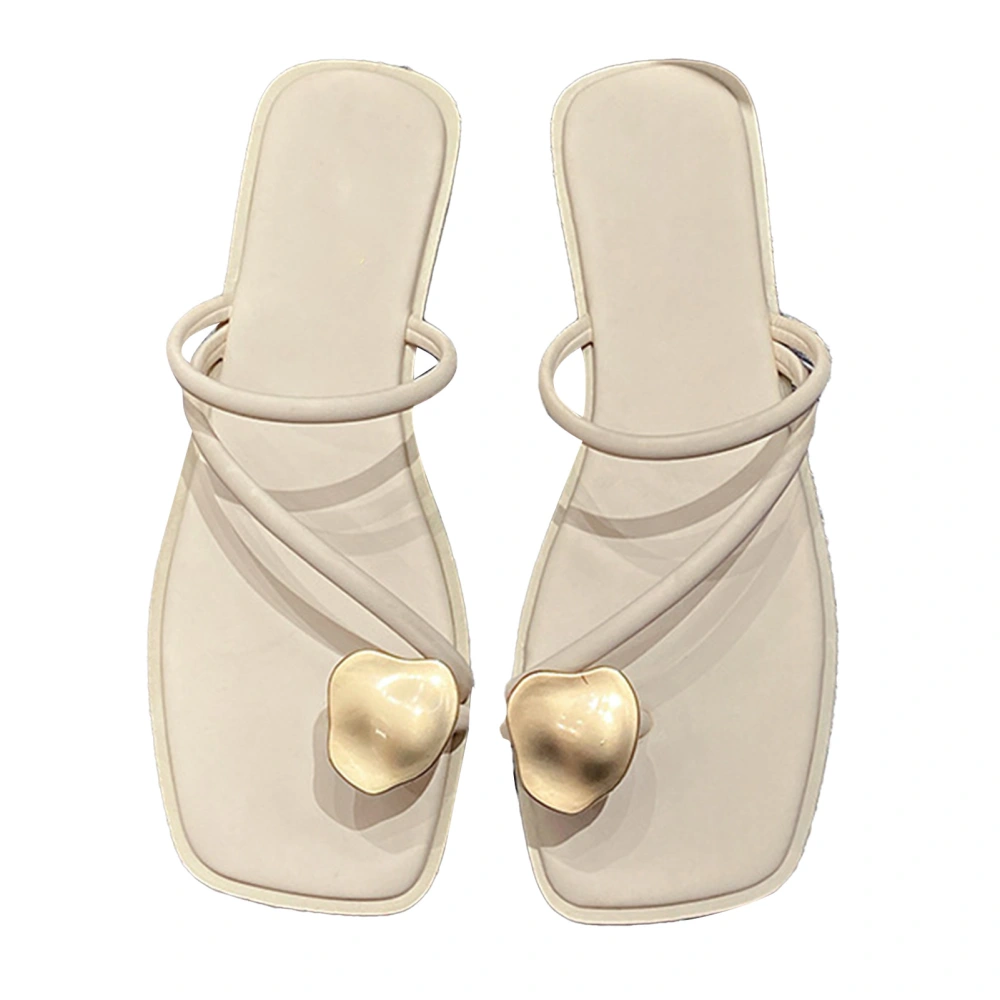 Flat Sandals Strap Toe Ring Square Head Metal Decor Elegant Women Summer Shoes for Summer Beige 38