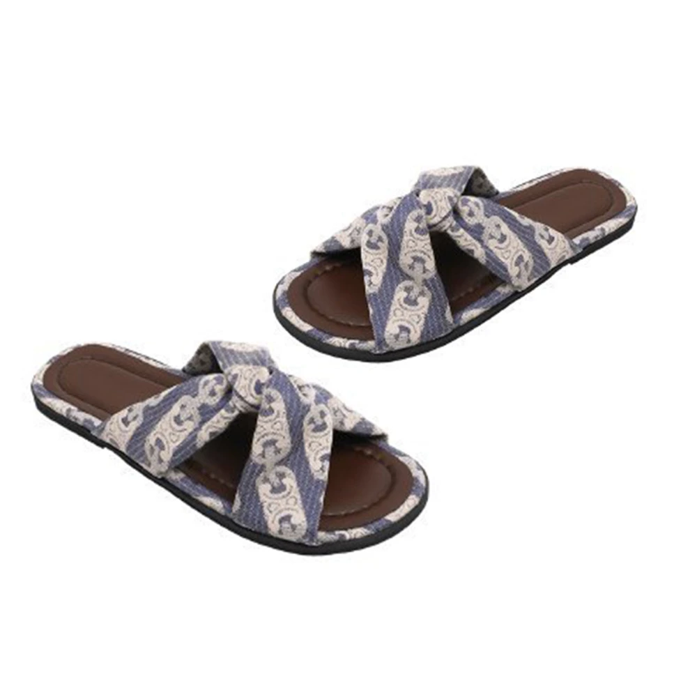 Flat Summer Slippers Fashionable Exquisite Cloth Texture Breathable Casual for Beach Shopping Travel Slippers 35