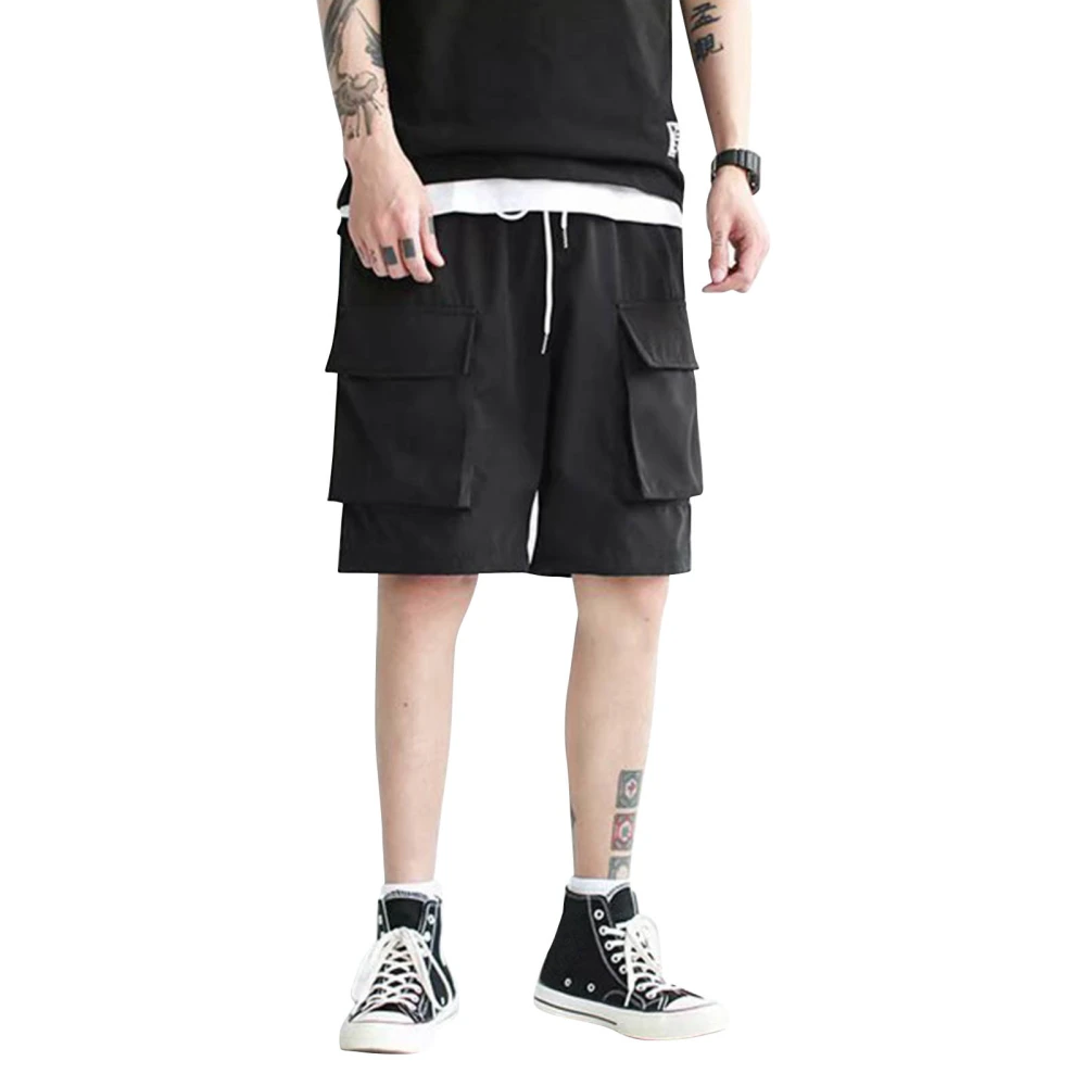 Men Summer Shorts Multi Pockets Drawstring Closure Knee Length Loose Fit Trendy Casual Beach Shorts Black L