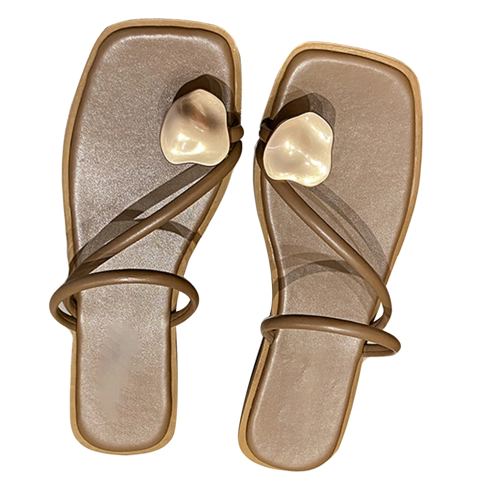 Flat Sandals Strap Toe Ring Square Head Metal Decor Elegant Women Summer Shoes for Summer Khaki 38