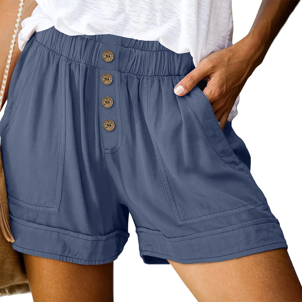 Women Casual Summer Comfy Shorts High Elastic Waist Front Button Wide Leg Shorts with Side Pockets Light Blue XL