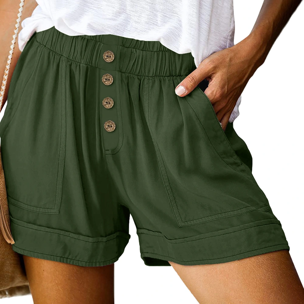 Women Casual Summer Comfy Shorts High Elastic Waist Front Button Wide Leg Shorts with Side Pockets OD Green 5XL