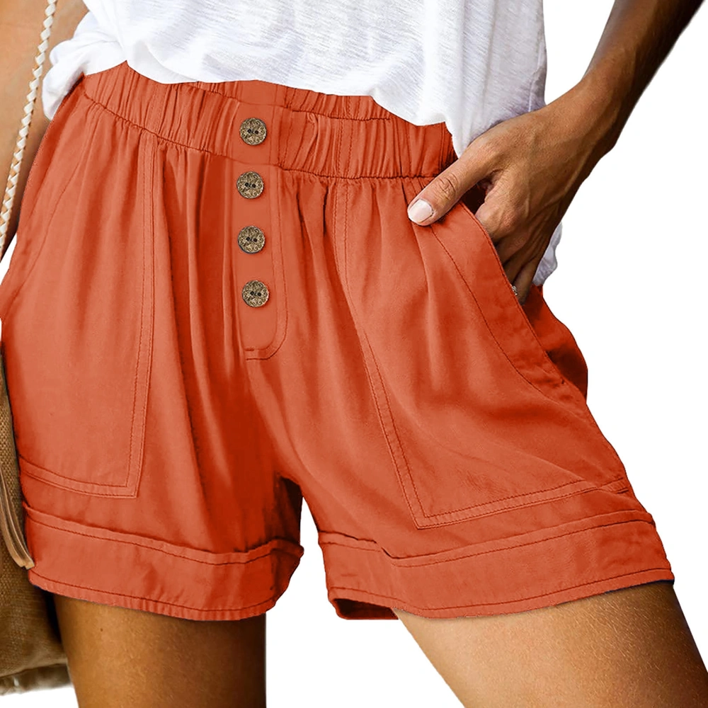 Women Casual Summer Comfy Shorts High Elastic Waist Front Button Wide Leg Shorts with Side Pockets Orange XXL