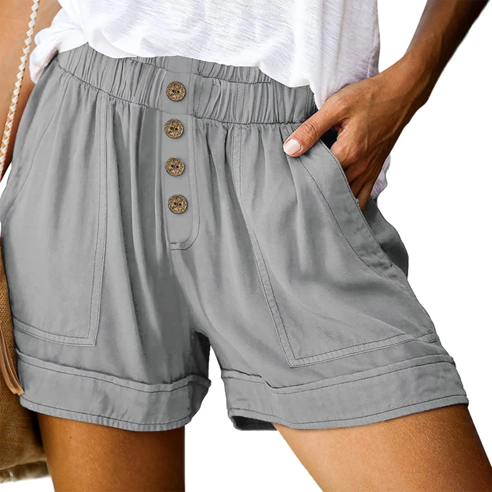 Women Casual Summer Comfy Shorts High Elastic Waist Front Button Wide Leg Shorts with Side Pockets Light Gray S