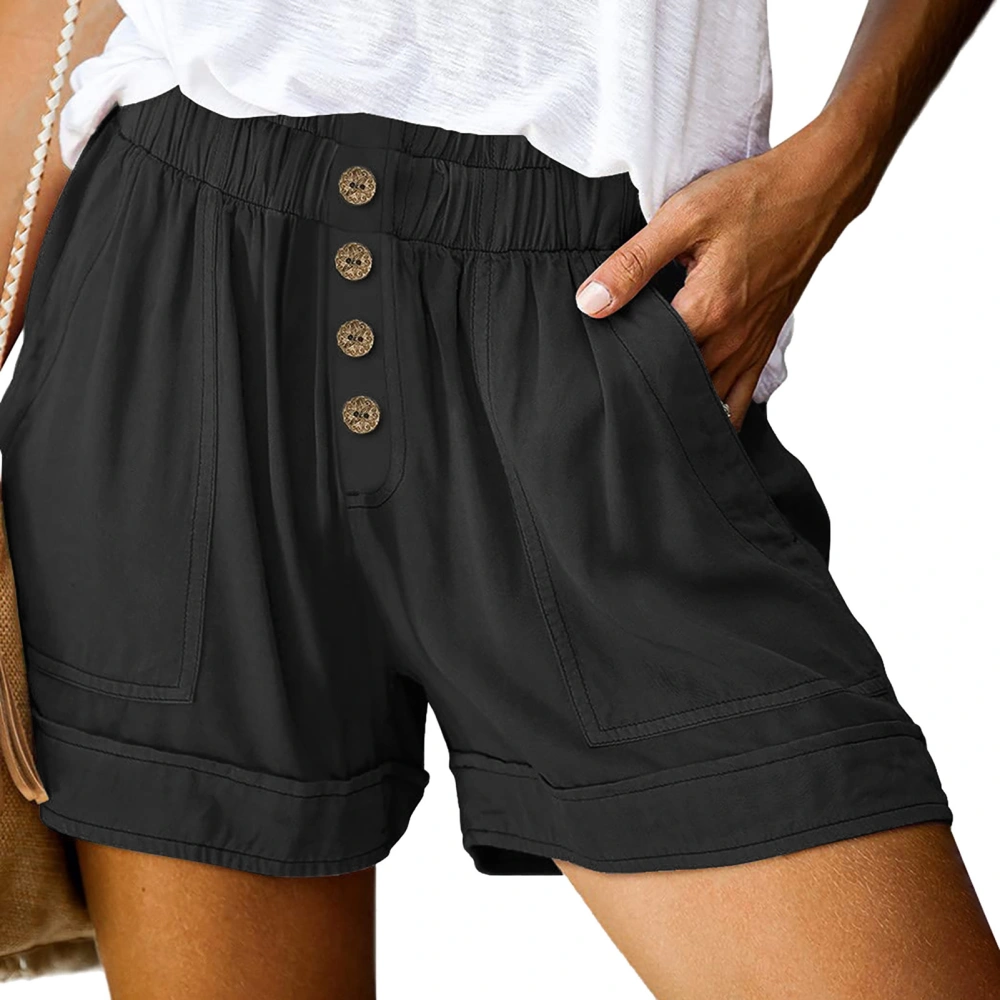 Women Casual Summer Comfy Shorts High Elastic Waist Front Button Wide Leg Shorts with Side Pockets Black 5XL