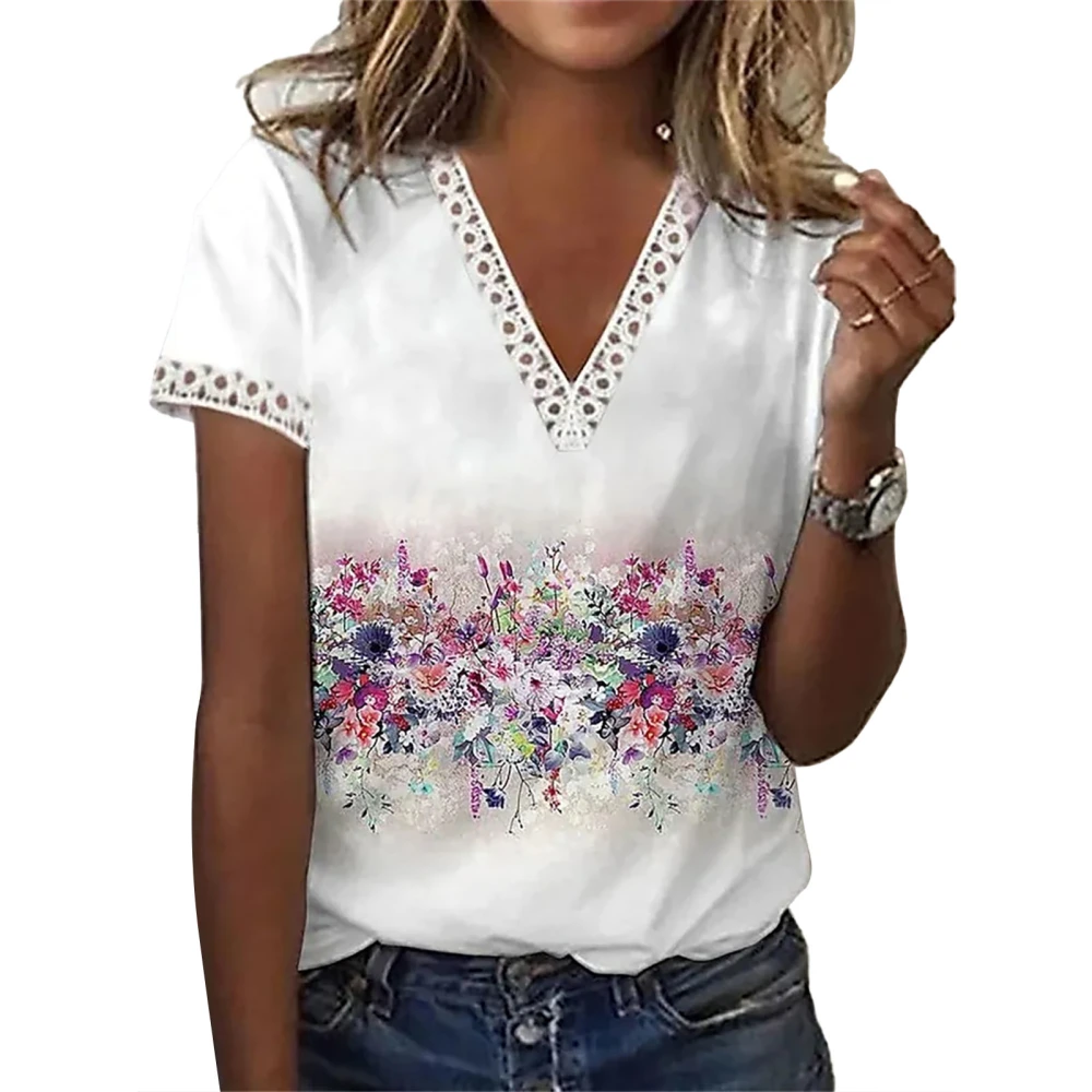 Women Summer Top Loose Lace Trim V Neck Short Sleeve Floral Print T Shirt for Female Type 5 XXL