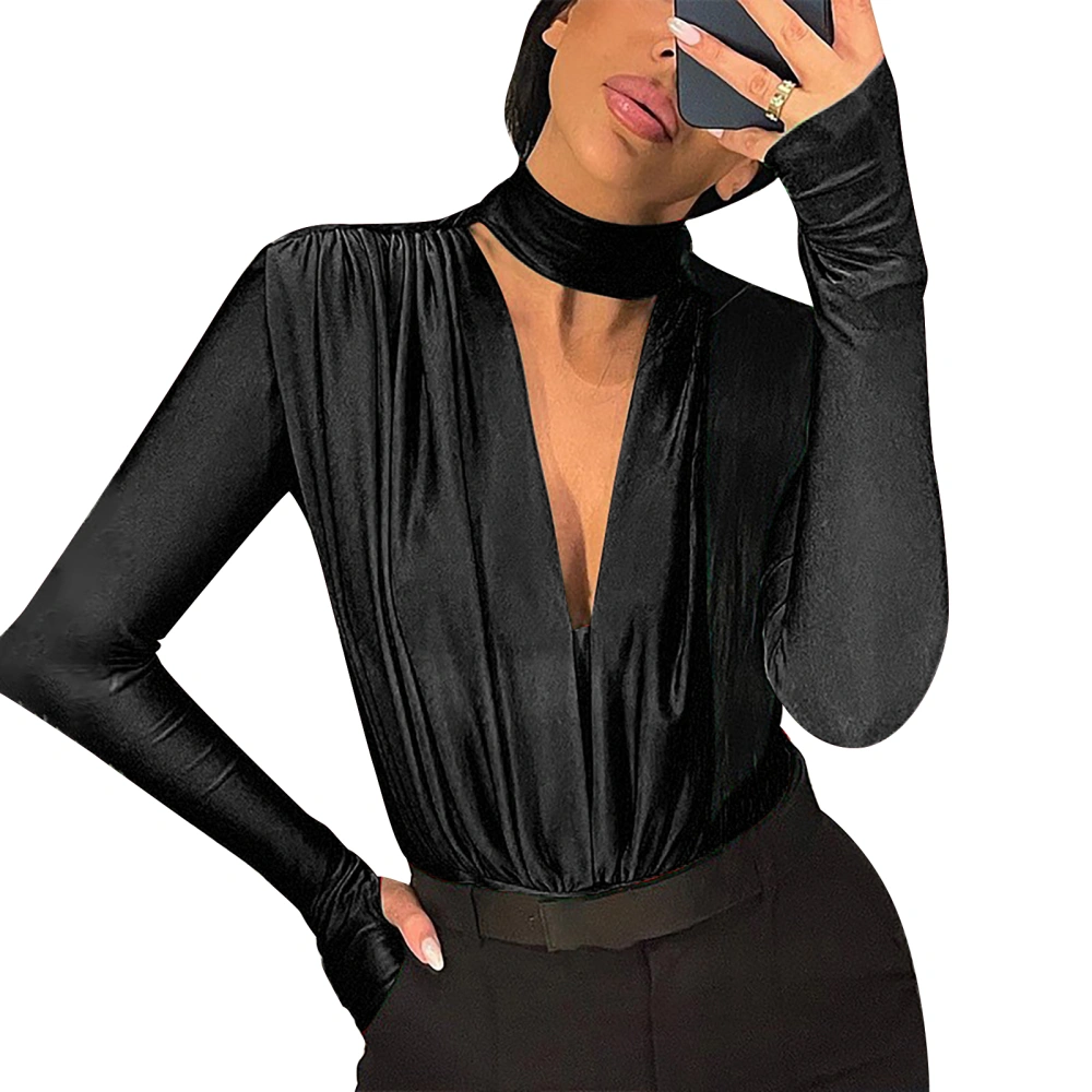 Women Long Sleeve Bodysuit Deep V Neck Front Ruched Bodysuit Choker Neck Jumpsuit Shirt Black S