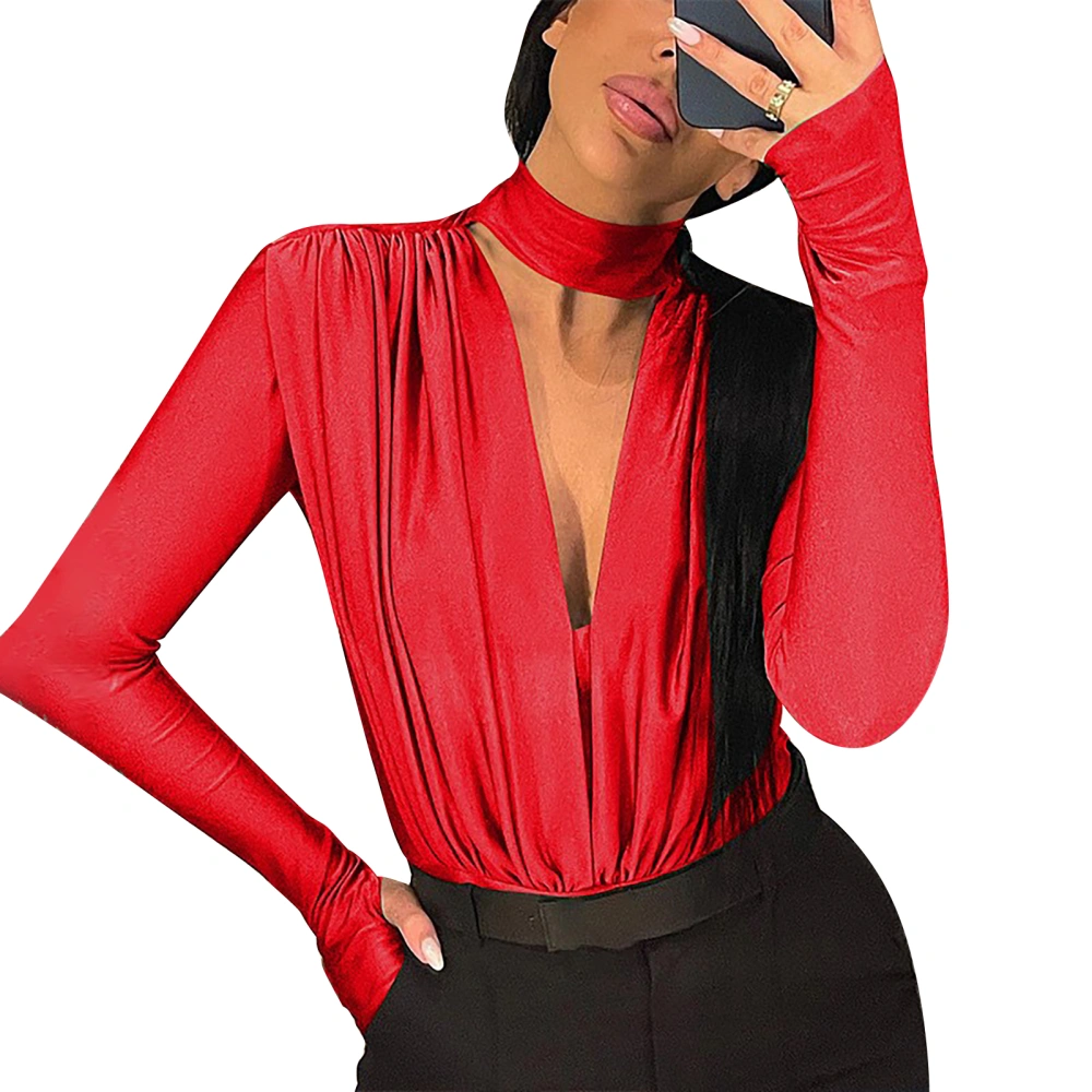 Women Long Sleeve Bodysuit Deep V Neck Front Ruched Bodysuit Choker Neck Jumpsuit Shirt Red S