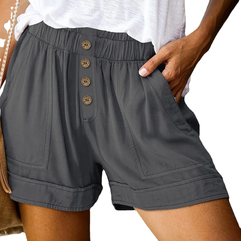 Women Casual Summer Comfy Shorts High Elastic Waist Front Button Wide Leg Shorts with Side Pockets Dark Gray XL