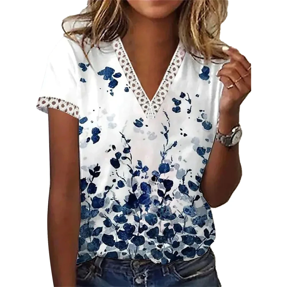 Women Summer Top Loose Lace Trim V Neck Short Sleeve Floral Print T Shirt for Female Type 2 L