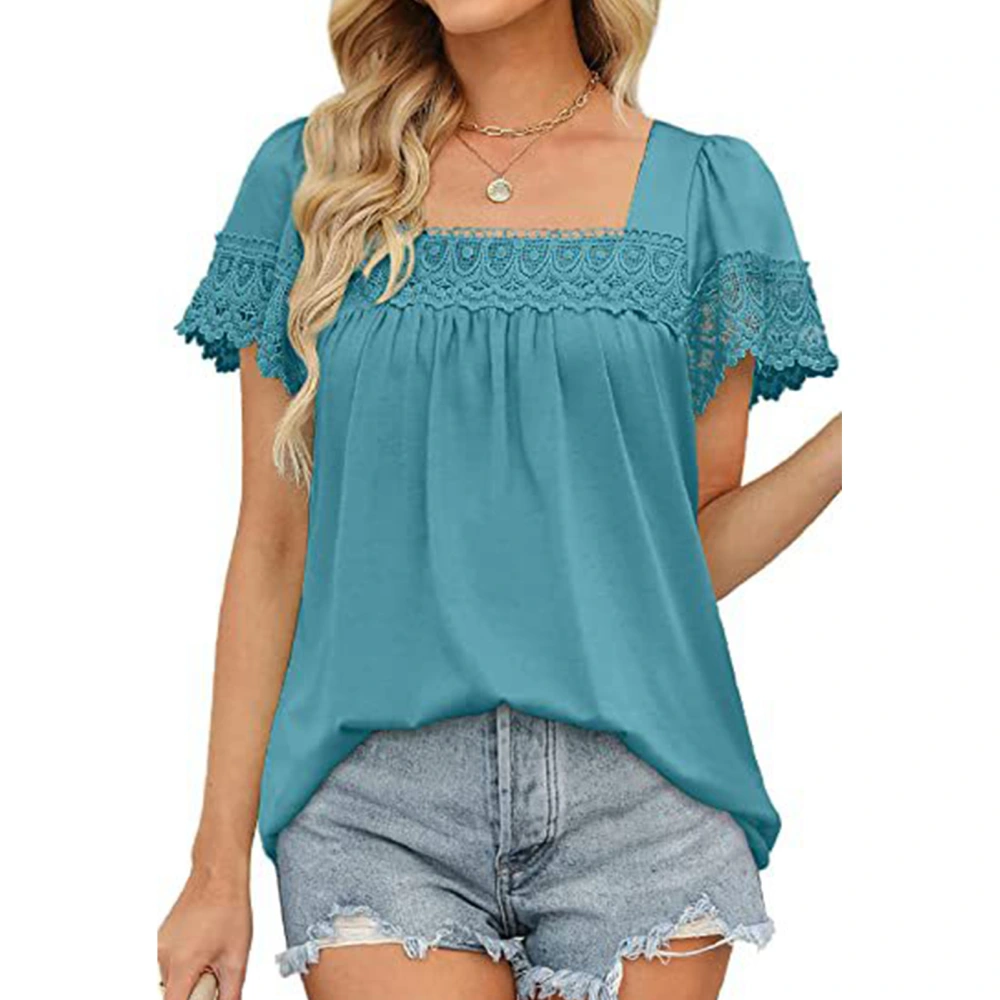 Lace Stitching Short Sleeve Blouse Pure Color Short Sleeve Top Loose Casual T Shirt for Women Peacock Green XL