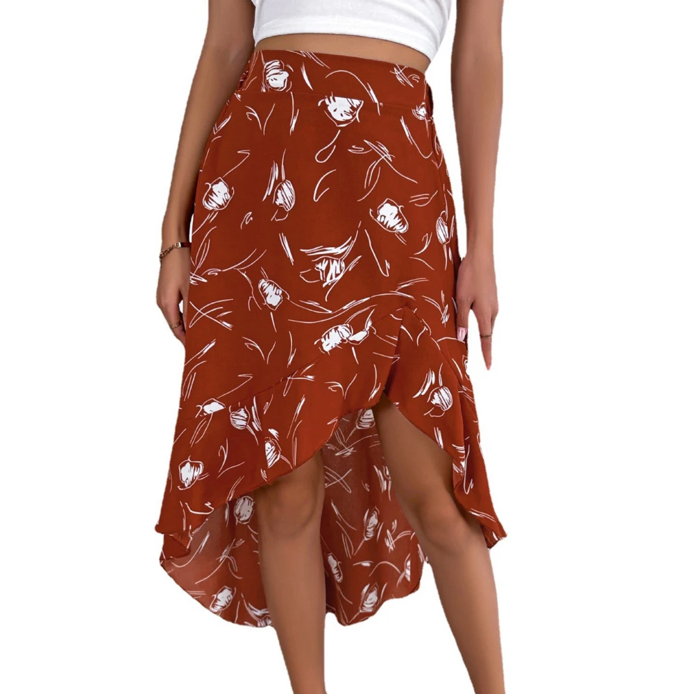 Midi Skirt Women Summer Casual Printed Ruffle Clothing Polyester Fibre Short Front Long Back Orange Red L