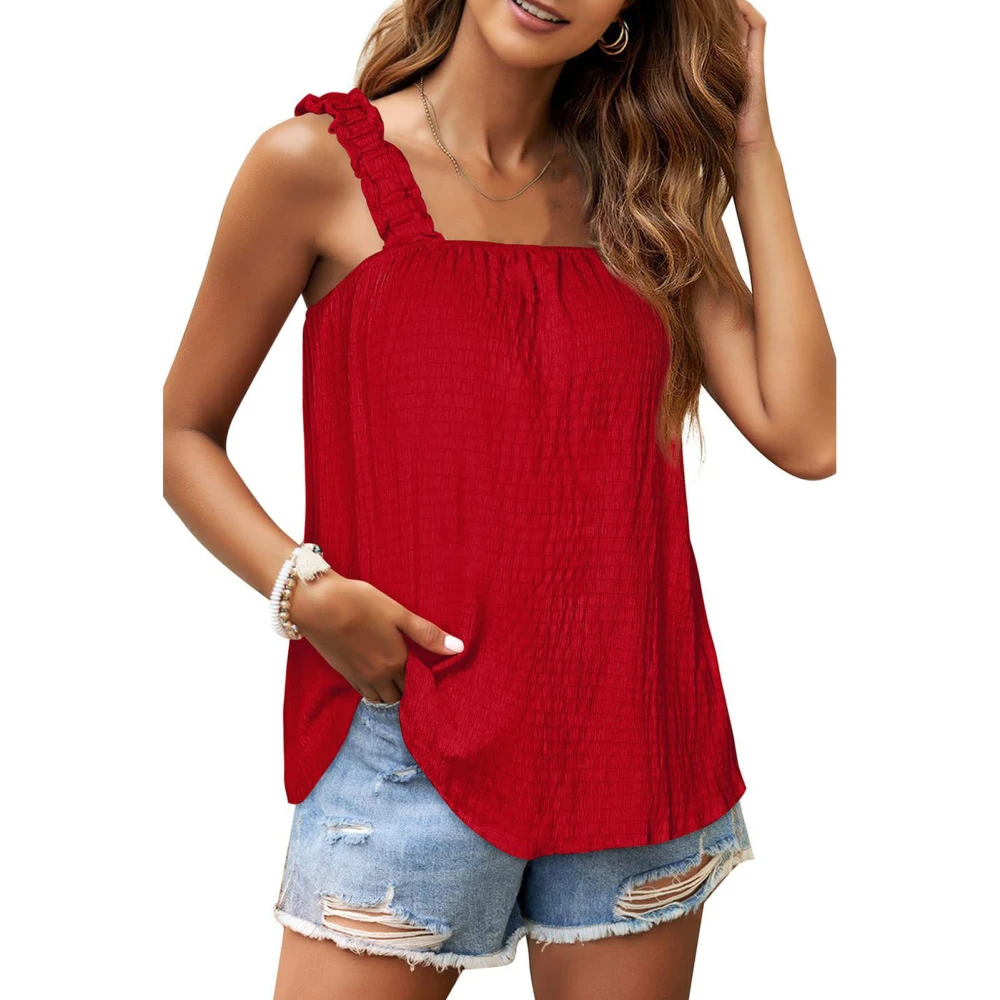 Women Tank Top Summer Causual Loose Breathable Lady Ruched Square Neck Solid Color Sleeveless Blouse Camisole Red S