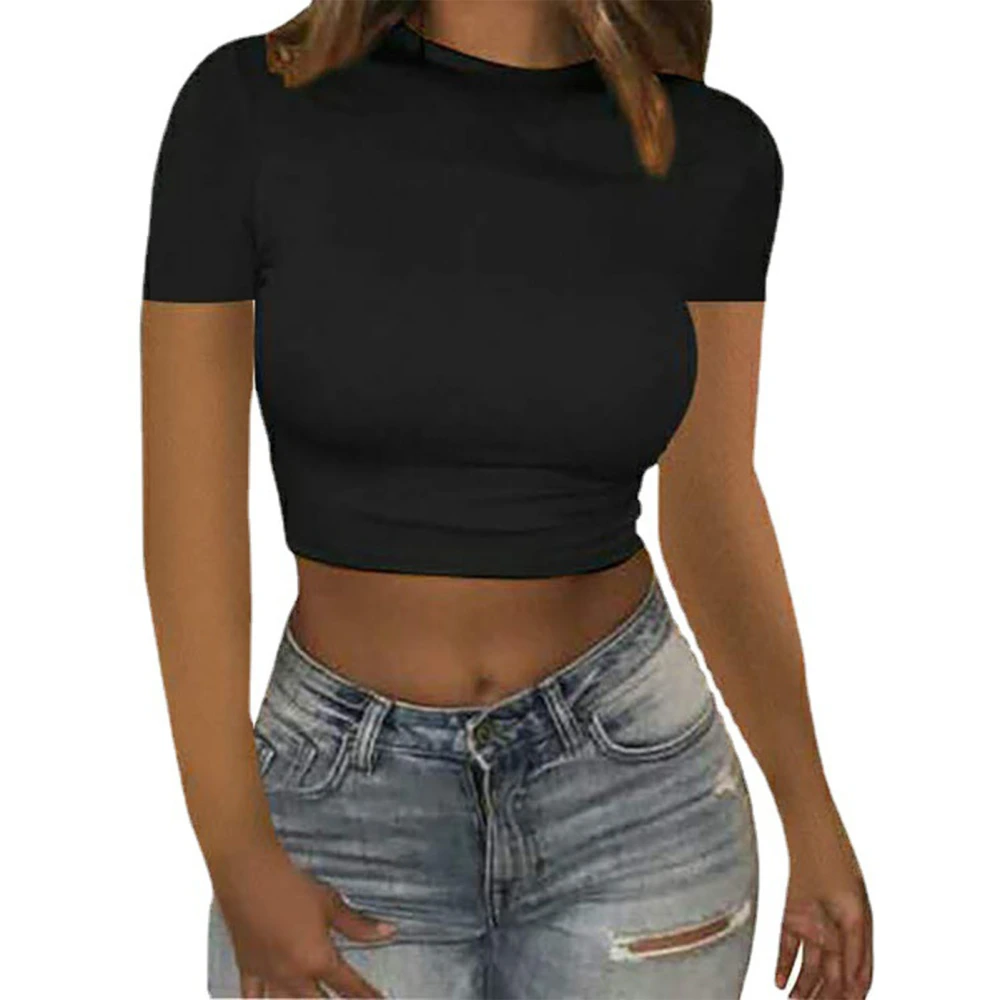 Women Short Sleeve Top Round Neck Cropped Corset Top Slim Fit Workout T Shirt for Daily Life Black L