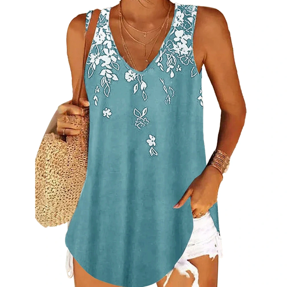 Women Sleeveless V Neck Tank Top Flower Patterned Loose Comfortable Printed Tank Top Sky Blue XL