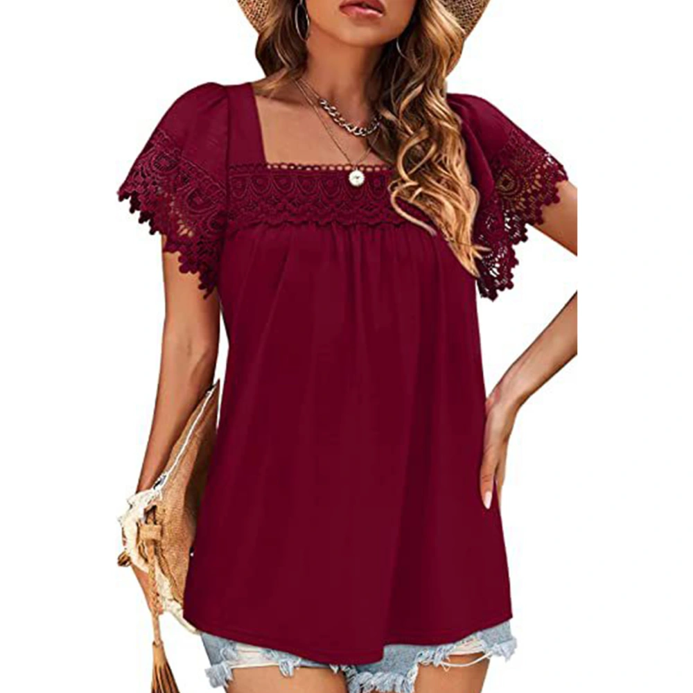 Lace Stitching Short Sleeve Blouse Pure Color Short Sleeve Top Loose Casual T Shirt for Women Red Wine L