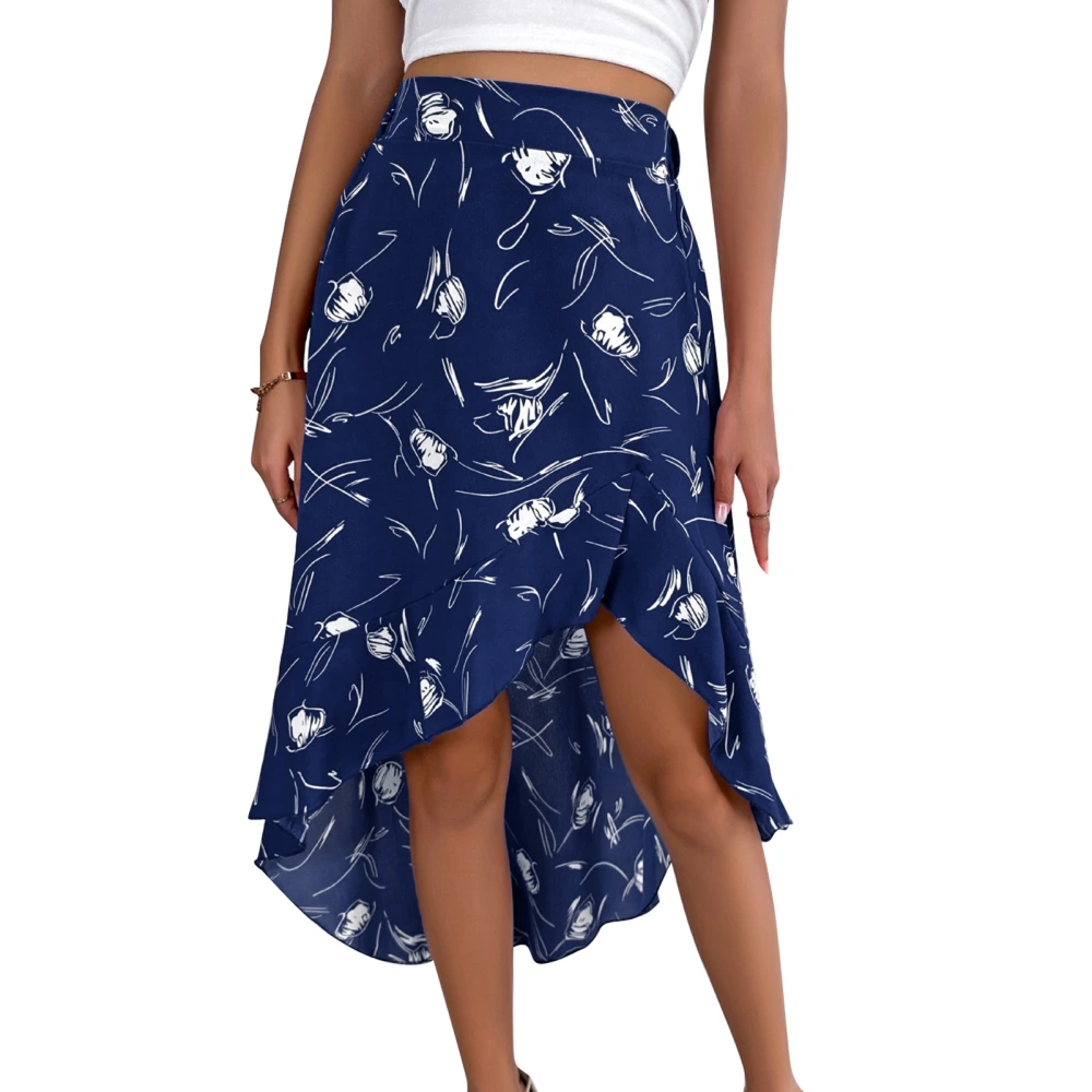 Midi Skirt Women Summer Casual Printed Ruffle Clothing Polyester Fibre Short Front Long Back Dark Blue S