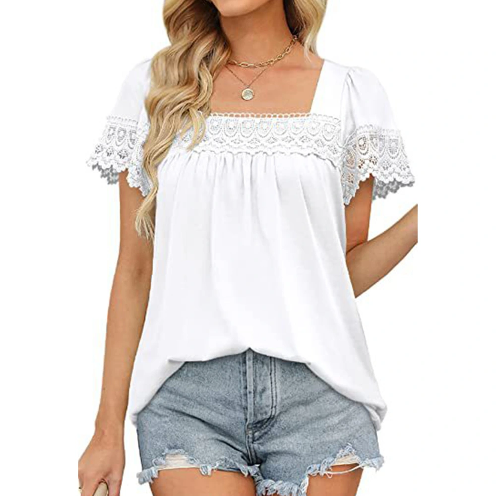 Lace Stitching Short Sleeve Blouse Pure Color Short Sleeve Top Loose Casual T Shirt for Women White L