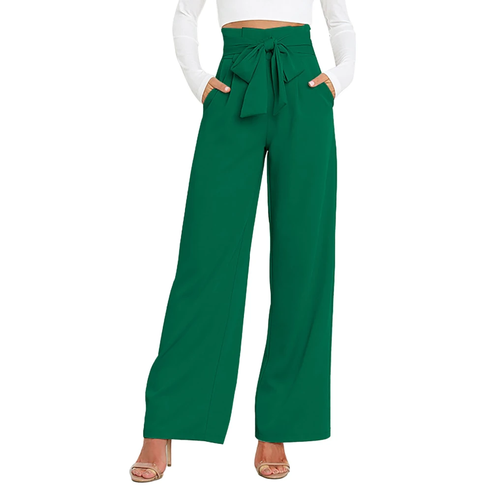 Straight Leg Pants with Pockets High Waist Tie Trousers Women Loose Suit Pants for Business Daily Life Green L