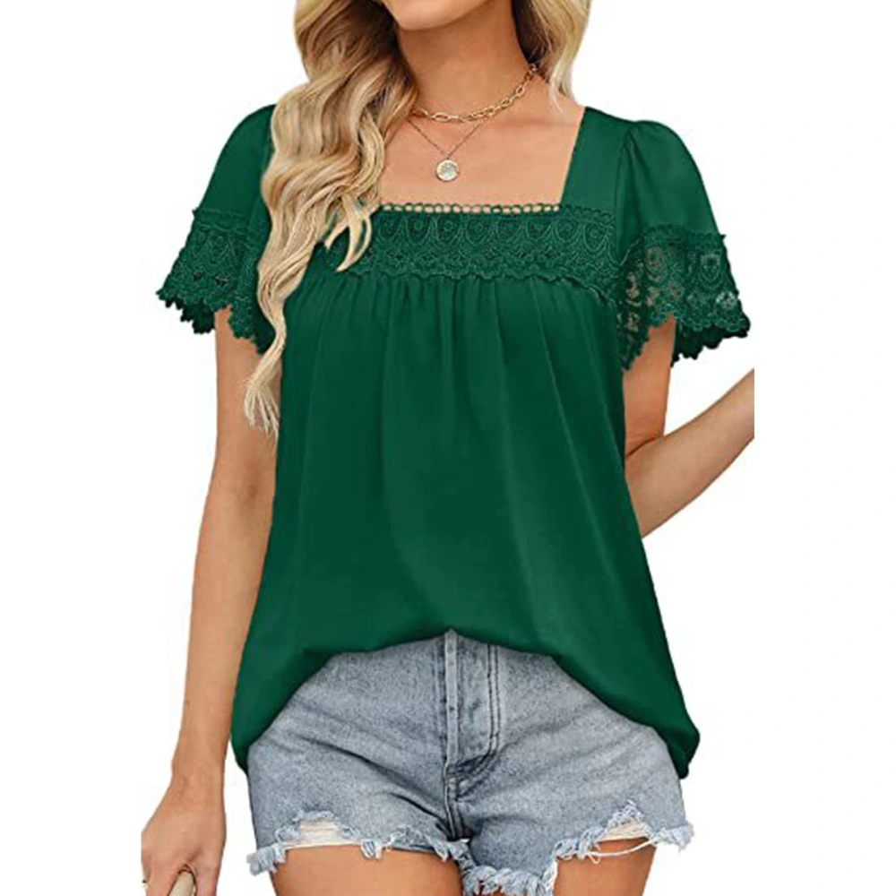 Lace Stitching Short Sleeve Blouse Pure Color Short Sleeve Top Loose Casual T Shirt for Women Dark Green S