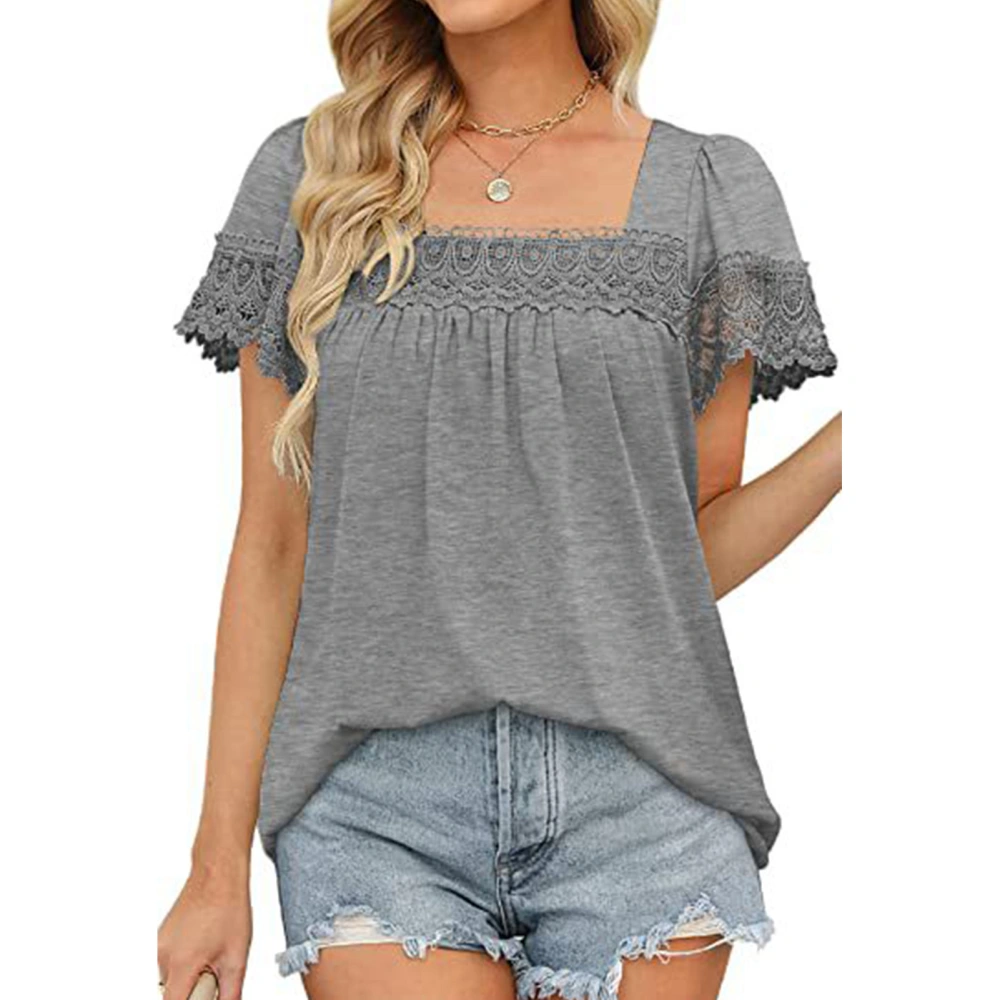 Lace Stitching Short Sleeve Blouse Pure Color Short Sleeve Top Loose Casual T Shirt for Women Light Gray M