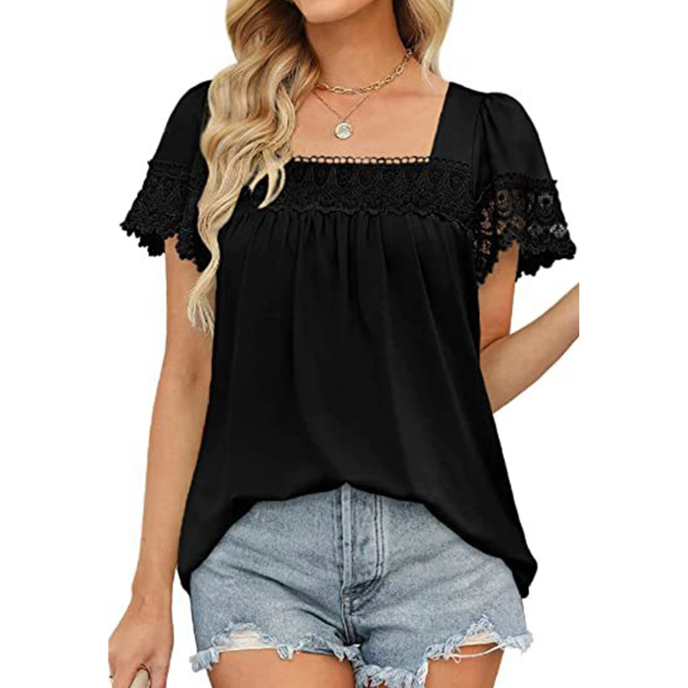 Lace Stitching Short Sleeve Blouse Pure Color Short Sleeve Top Loose Casual T Shirt for Women Black L