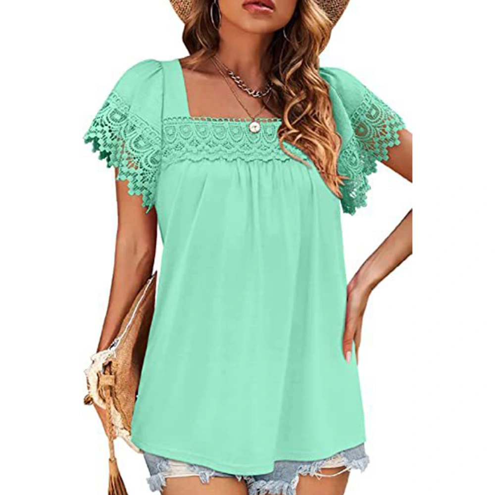 Lace Stitching Short Sleeve Blouse Pure Color Short Sleeve Top Loose Casual T Shirt for Women Light Green L