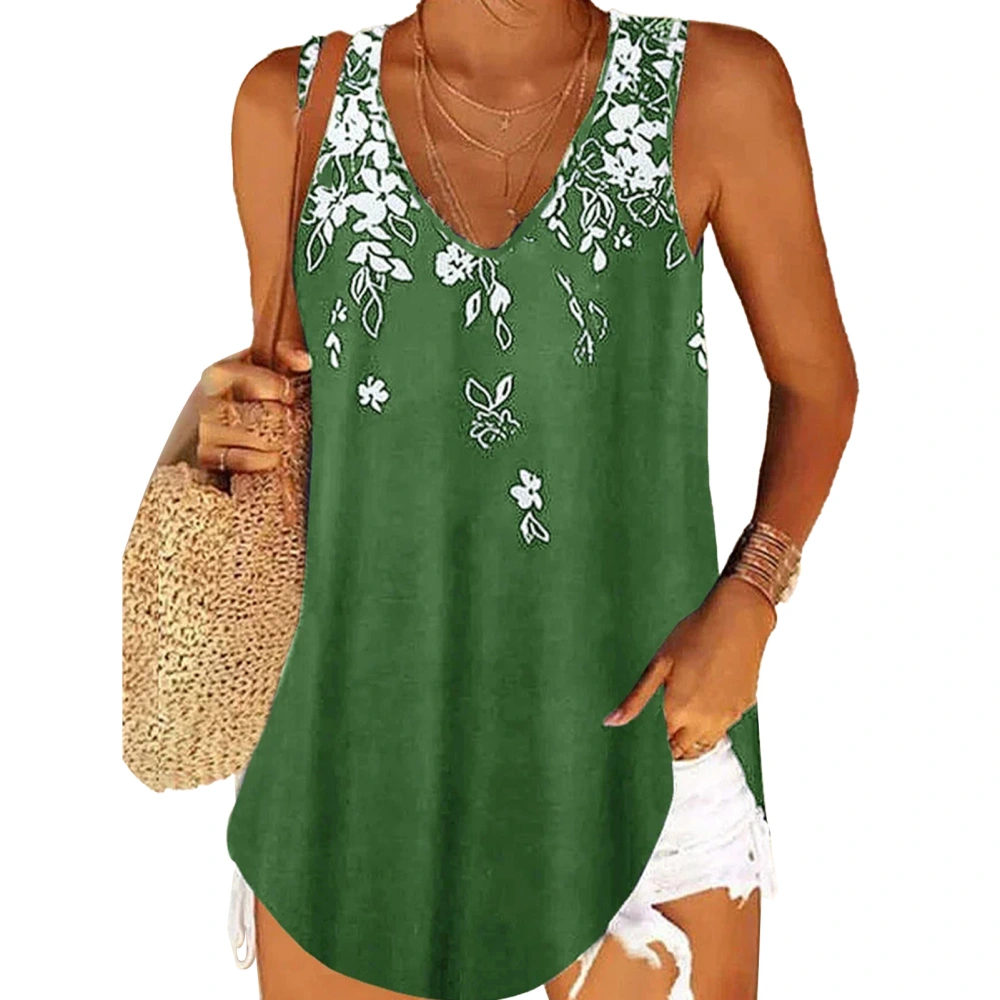 Women Sleeveless V Neck Tank Top Flower Patterned Loose Comfortable Printed Tank Top Green XXL