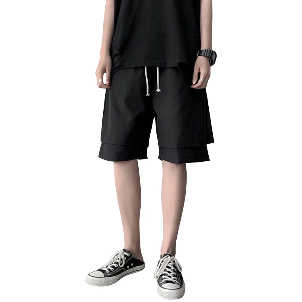 Men Double Layer Shorts Knee Length Drawstring Side Pocket Male False Two Pieces Shorts for Gentlemen Black XL