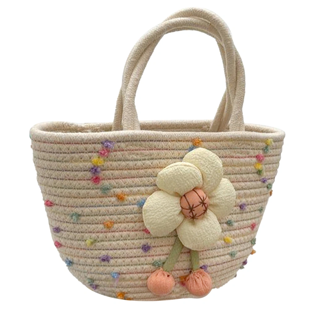 Women Handbag Portable Fashionable Elegant Casual Cotton Rope Woven Bag for Shopping Dating Beige with Colorful Ball Free Size