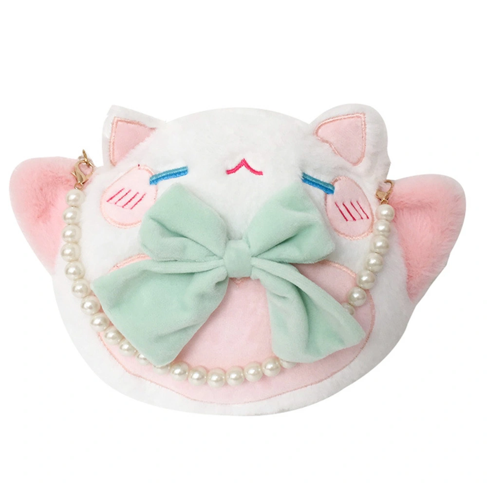 Plush Bag Soft Cute Cat Bow Pattern Large Capacity Round Pearl Chain Shoulder Bag Pink Free Size