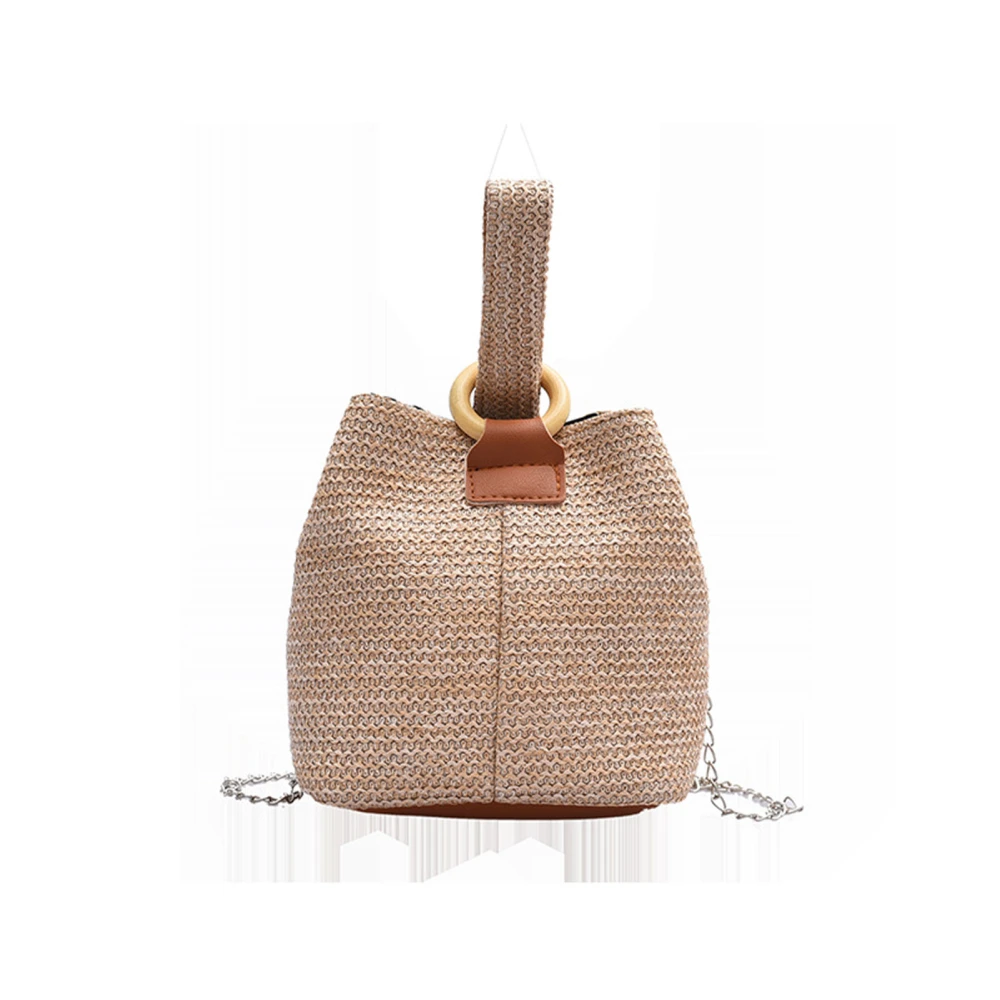 Beach Straw Bag Bucket Bag Small Fresh Handbag Students Woven Bag for Women Shopping Khaki Free Size