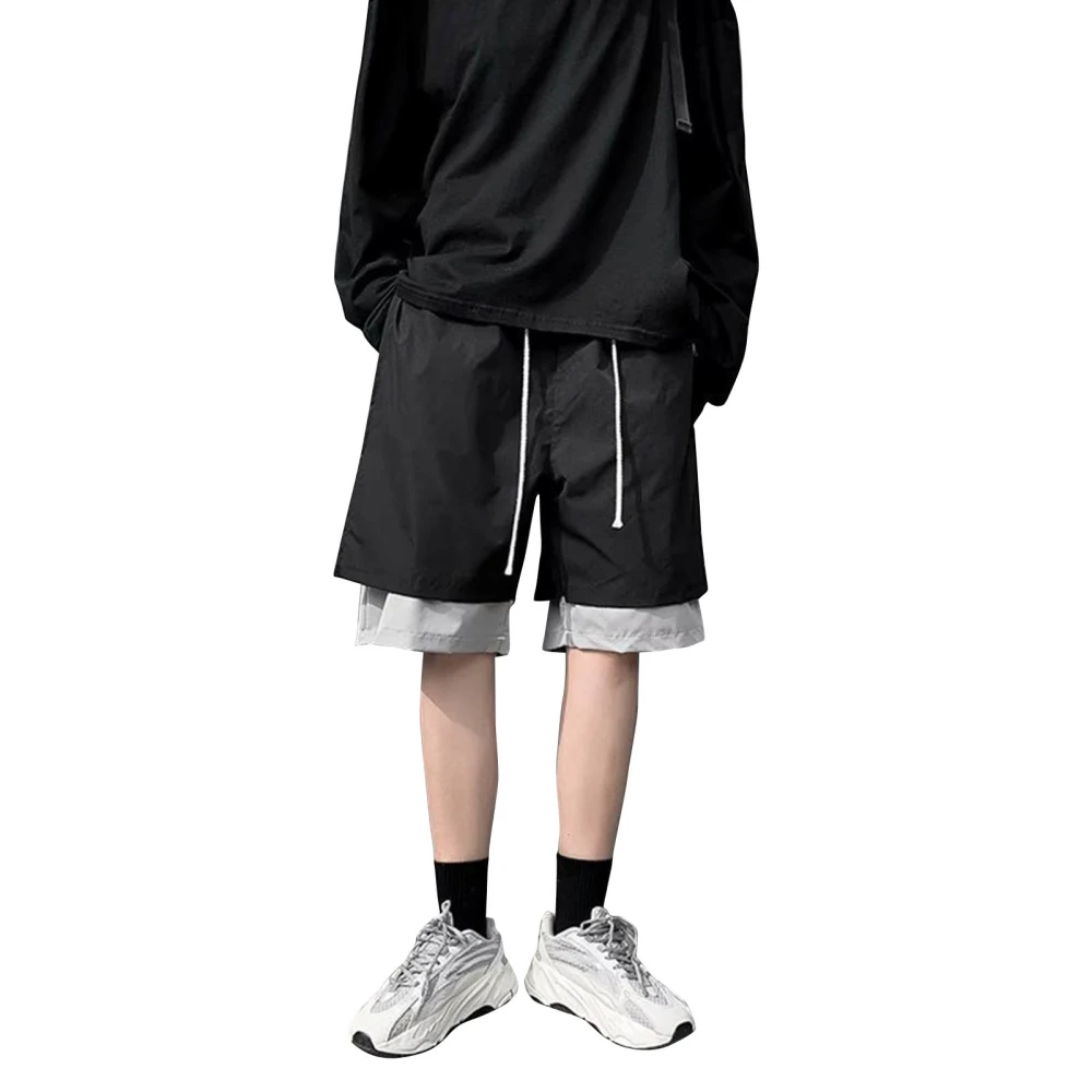 Men Double Layer Shorts Knee Length Drawstring Side Pocket Male False Two Pieces Shorts for Gentlemen Color Block L