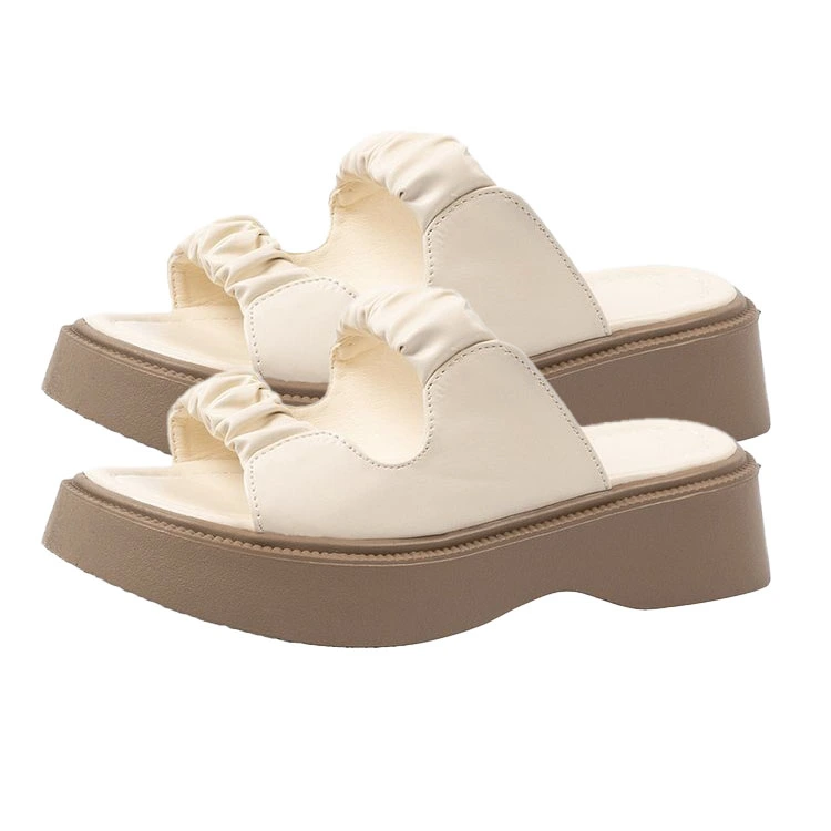 Women Sandals Mid Heel Thick Soles Slip On Slides Summer Retro Stylish Open Toe Slippers Creamy White 37