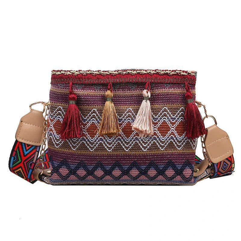 Women Tassel Fringe Bag Colorful Ethnic Style Nylon Single Shoulder Fringe Messenger Bag Khaki Free Size