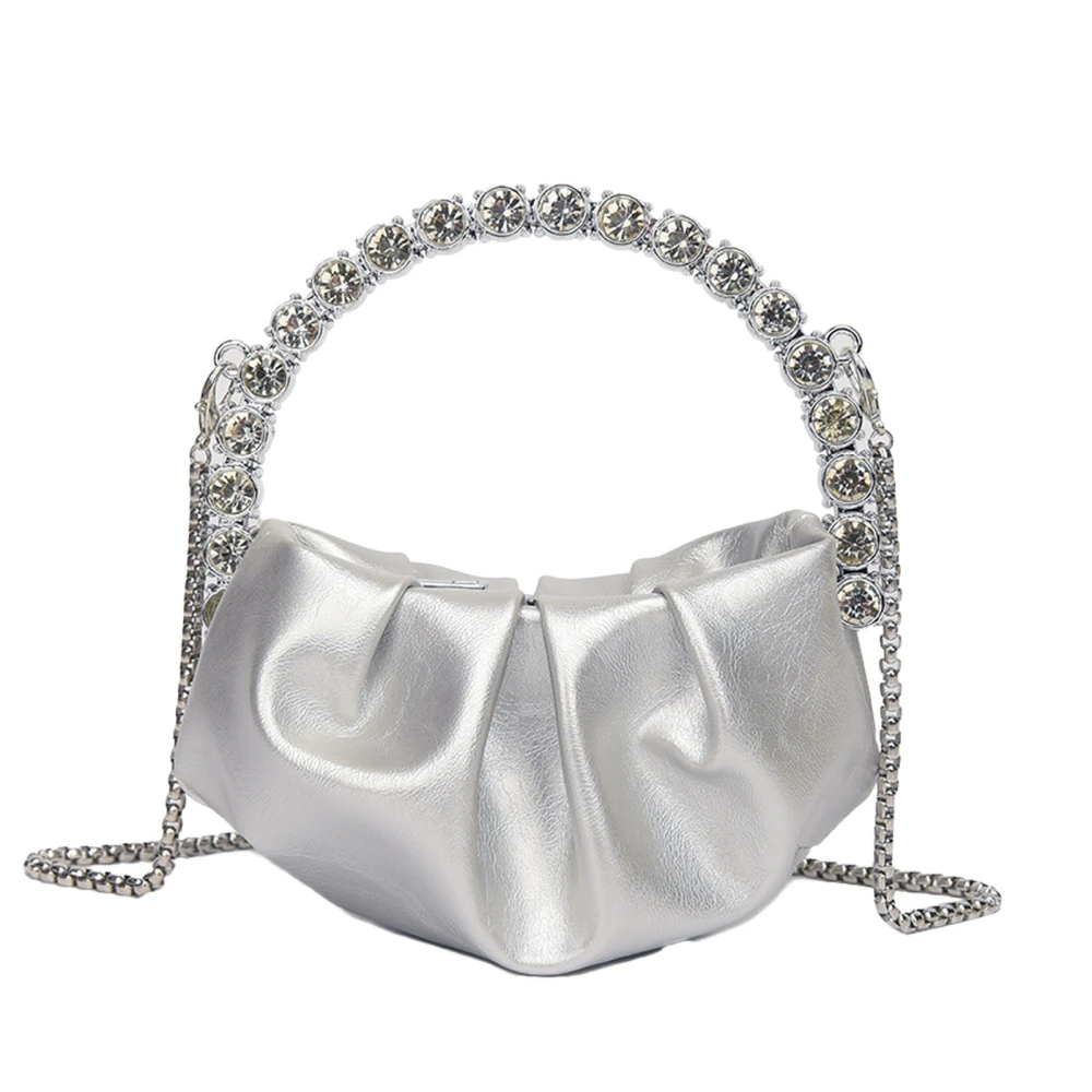 Small Shoulder Handbag Fashion PU Rhinestone Decorative Comfortable Portable Shoulder Handbag for Party Silver Free Size