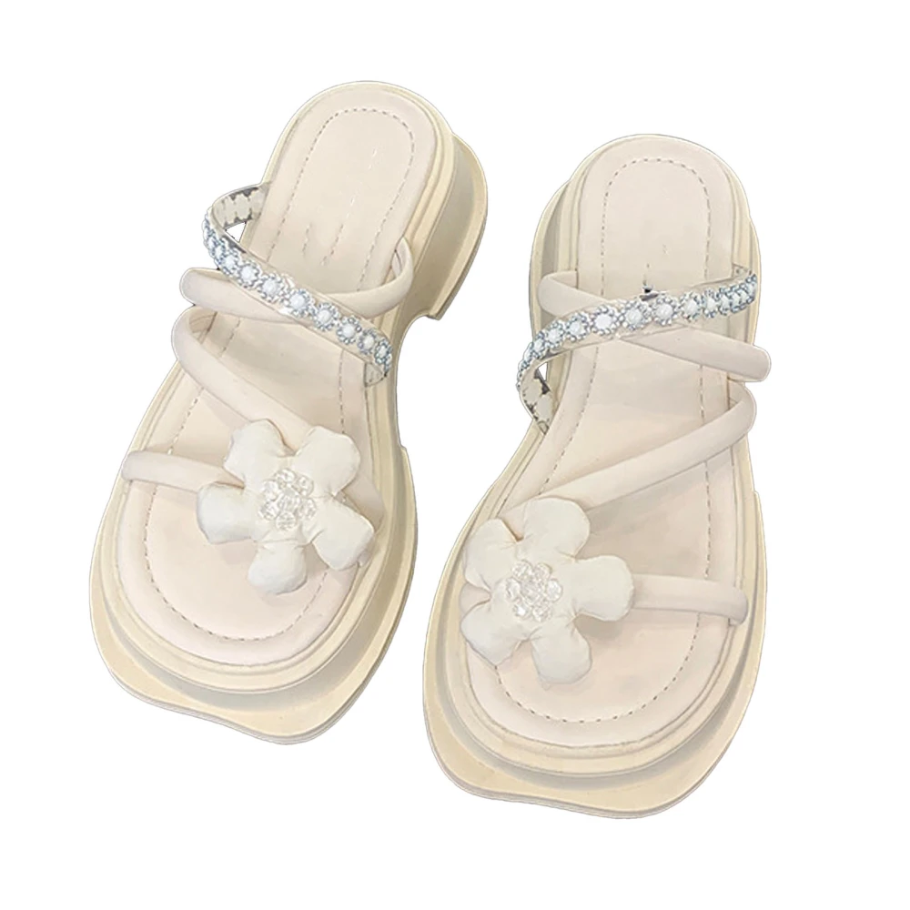 Open Toe Slippers Thick Bottom Floral Decoration Fashionable Casual Comfortable Sandals for Beach Shopping Travel Beige 38